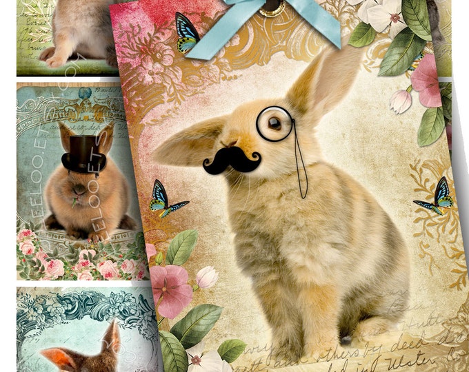 CUTE RABBIT printable atc invitation diary art cards Digital collage scrapbook puppies vintage photo background ac272