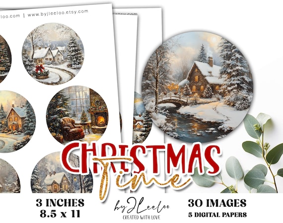 CHRISTMAS TIME 3 inch printable | supplies round pins, mirror, bezel trays, glass cabochon mountings, DiY embellishment | tn828