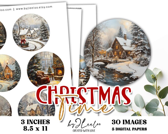 CHRISTMAS TIME 3 inch printable | supplies round pins, mirror, bezel trays, glass cabochon mountings, DiY embellishment | tn828