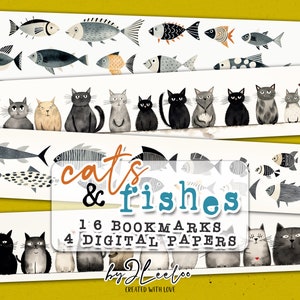 CATS and FISHES bookmarks printable | hand drawn whimsical and playful illustration | instant download mixed media journal art quote - bm114