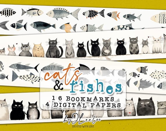 CATS and FISHES bookmarks printable | hand drawn whimsical and playful illustration | instant download mixed media journal art quote - bm114