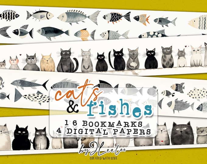 CATS and FISHES bookmarks printable | hand drawn whimsical and playful illustration | instant download mixed media journal art quote - bm114