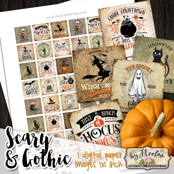 SCARY & GOTHIC 1x1 inch digital Halloween printable vintage images for pendant jewelry scrapbooking diary grunge ephemera qu542