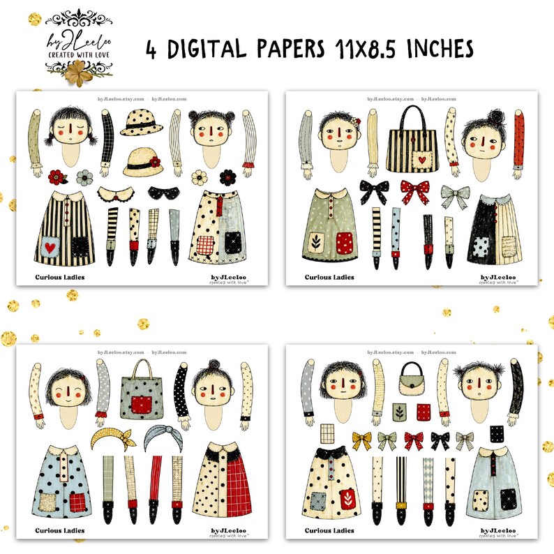 Puede incluir: Cuatro hojas de papel digital, cada una de 27,9 x 21,6 cm, con ilustraciones caprichosas de figuras de mu&ntilde;ecas, ropa y accesorios. Los dise&ntilde;os incluyen faldas, tops, lazos y bolsos. El texto "Curious Ladies" es visible en cada hoja.