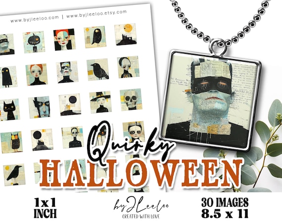 QUIRKY HALLOWEEN 1x1 inch printable | Whimsy illustration digital jewelry square pendants glass cabochon scrapbook | Commercial Use | qu613
