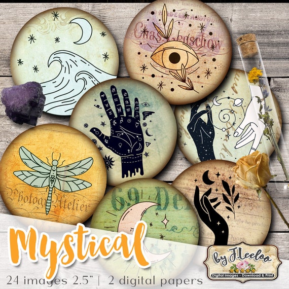 MYSTICAL 2.5 inch circle celestial sacred printable bottle caps stickers for pendants magnets coaster graphic digital collage sheet tn613