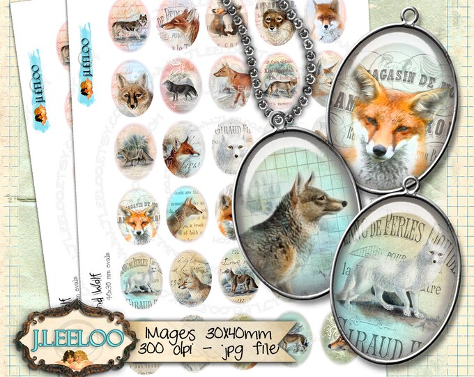 Digital printable FOX AND WOLF oval 30x40mm sheets digital images paper goods vintage magnets pendant craft instant download ov128