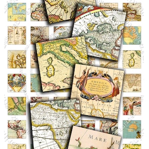 Hoja de collage digital MAPAS VINTAGE Imágenes de libros antiguos de 1 x 1 pulgada cuadrada para imanes de joyería colgantes Etiquetas para imprimir Descarga instantánea qu224