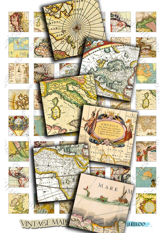 Digital collage sheet VINTAGE MAPS 1x1 inch square antique book images for pendant jewelry magnets tags print instant download qu224