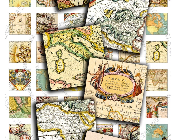 Digital collage sheet VINTAGE MAPS 1x1 inch square antique book images for pendant jewelry magnets tags print instant download qu224