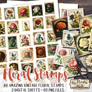 K&ouml;nnte beinhalten: Ein digitaler Download von 60 Vintage-Blumenbriefmarkenbildern. Die Bilder sind in einer Collage auf einem Holzmaserungshintergrund angeordnet. Der Text "Floral Stamps" ist in gro&szlig;en roten Buchstaben am unteren Rand des Bildes geschrieben. Der Text "60 AMAZING VINTAGE FLORAL STAMPS" ist in schwarzen Buchstaben unter dem roten Text geschrieben. Der Text "2 DIGITAL SHEETS + 60 PNG FILES" ist in schwarzen Buchstaben unter dem vorherigen Text geschrieben. Der Text "by Fleeloo" ist in schwarzen Buchstaben in der unteren rechten Ecke des Bildes geschrieben. Der Text "Digital Images - Download & Print" ist in schwarzen Buchstaben unter dem vorherigen Text geschrieben.