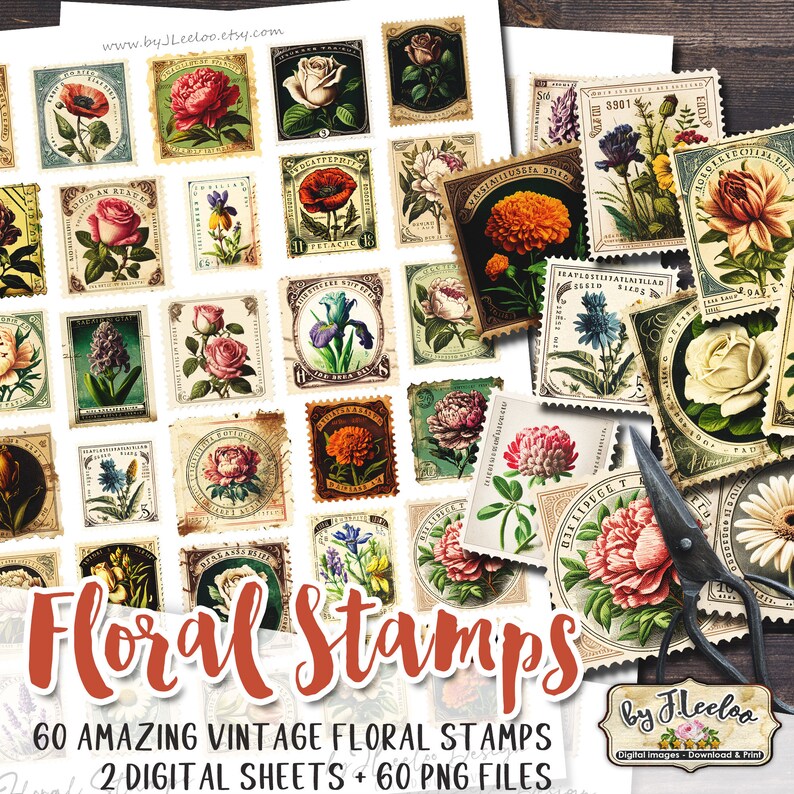 K&ouml;nnte beinhalten: Ein digitaler Download von 60 Vintage-Blumenbriefmarkenbildern. Die Bilder sind in einer Collage auf einem Holzmaserungshintergrund angeordnet. Der Text "Floral Stamps" ist in gro&szlig;en roten Buchstaben am unteren Rand des Bildes geschrieben. Der Text "60 AMAZING VINTAGE FLORAL STAMPS" ist in schwarzen Buchstaben unter dem roten Text geschrieben. Der Text "2 DIGITAL SHEETS + 60 PNG FILES" ist in schwarzen Buchstaben unter dem vorherigen Text geschrieben. Der Text "by Fleeloo" ist in schwarzen Buchstaben in der unteren rechten Ecke des Bildes geschrieben. Der Text "Digital Images - Download & Print" ist in schwarzen Buchstaben unter dem vorherigen Text geschrieben.