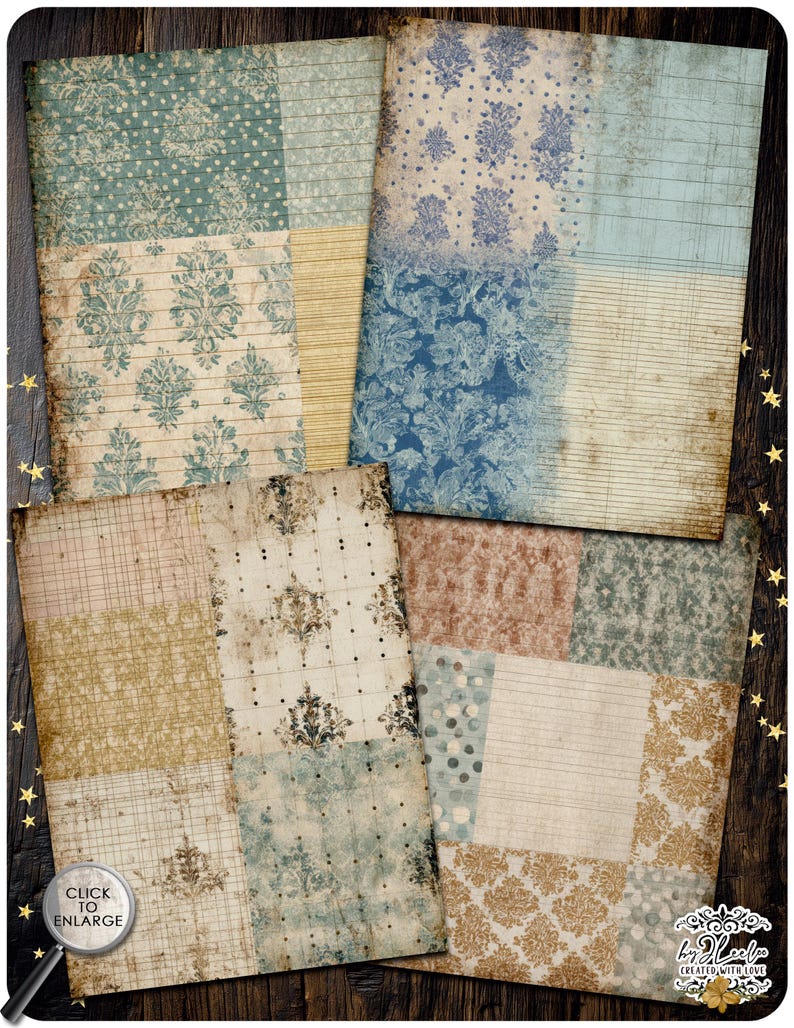 PATCHWORK PAGES – Vintage Patchwork Journal | Damask Ledger Paper Pack | Distressed Junk Journal Backgrounds Printable | ppK52 image 12