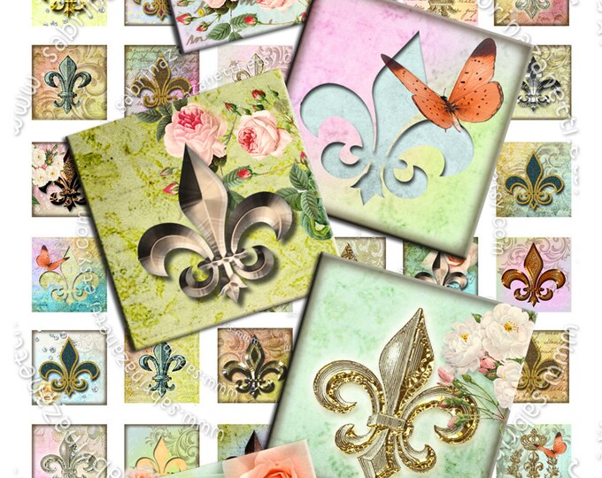 Digital collage sheet FRENCH FLOWER 1x1 inch fleur de lis royal france for pendant craft instant download printable jpg file qu144