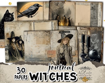 May include: A collection of vintage papers featuring illustrations of witches, black cats, a raven, and a pumpkin. The text "30 Papers Witches" is displayed in a bold font, with additional text and decorative elements.