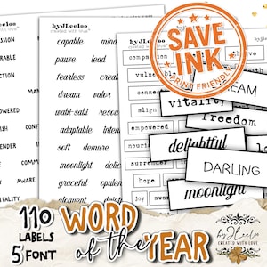 PAROLA dell'ANNO – 550 etichette a risparmio d'inchiostro • Etichette di parole stampabili in bianco e nero per diari di carta e collage artistici / tl339