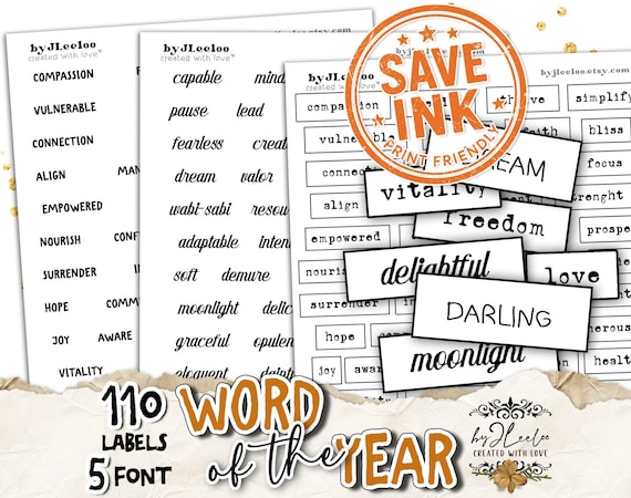 WORD of the YEAR – 550 Ink-Saving Labels • Black and White Printable Words tags for Junk Journals & Paper Crafts Collage Craft Art | tl339