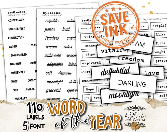 WORD of the YEAR – 550 Ink-Saving Labels • Black and White Printable Words tags for Junk Journals & Paper Crafts Collage Craft Art | tl339
