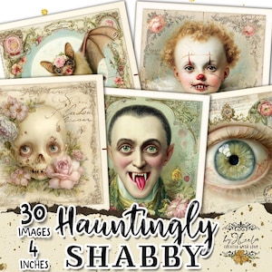 Könnte beinhalten: Eine Sammlung von Bildern im Vintage-Stil mit einem gruseligen Thema. Die Bilder zeigen eine Fledermaus mit einer Blume, einen Clown, einen Schädel mit Blumen, einen Vampir und ein detailliertes Auge. Der Text lautet "30 Images 4 Inches" und "Hauntingly Shabby".