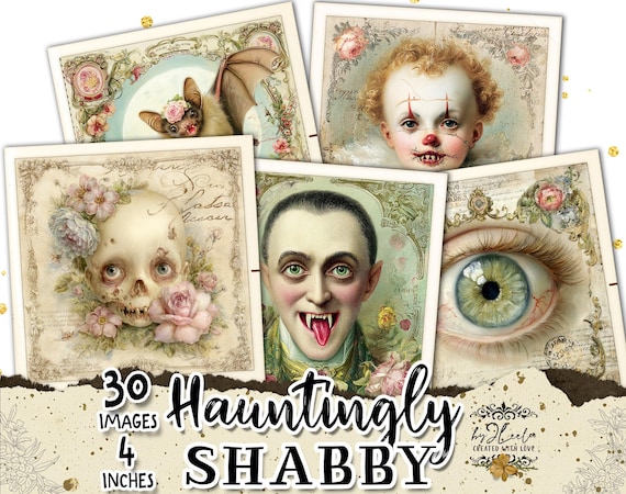 HAUNTINGLY SHABBY Chic Macabre Ephemera, 30 Coaster Creepy Vintage Images for Junk Journals & Crafts | Party printable scrapbooking | qu633