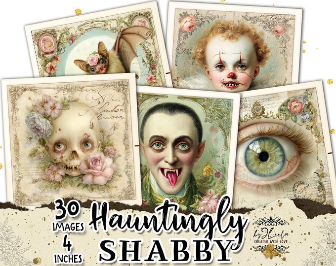 HAUNTINGLY SHABBY Chic Macabre Ephemera, 30 Coaster Creepy Vintage Images for Junk Journals & Crafts | Party printable scrapbooking | qu633
