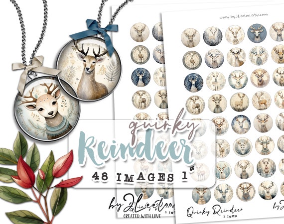 QUIRKY REINDEER 1 inch circle | Christmas scandinavian supplies | pendant jewellery  craft projects bottle cap | journal ephemera | tn671