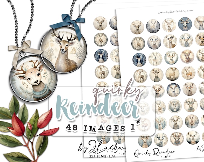 QUIRKY REINDEER 1 inch circle | Christmas scandinavian supplies | pendant jewellery  craft projects bottle cap | journal ephemera | tn671