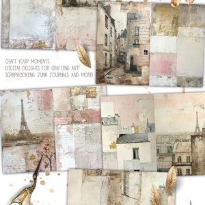 May include: A digital paper pack with 15 papers featuring a Parisian theme. The papers have a vintage, distressed look with images of buildings, streets, and the Eiffel Tower. The papers are perfect for scrapbooking, junk journaling, and other crafting projects.