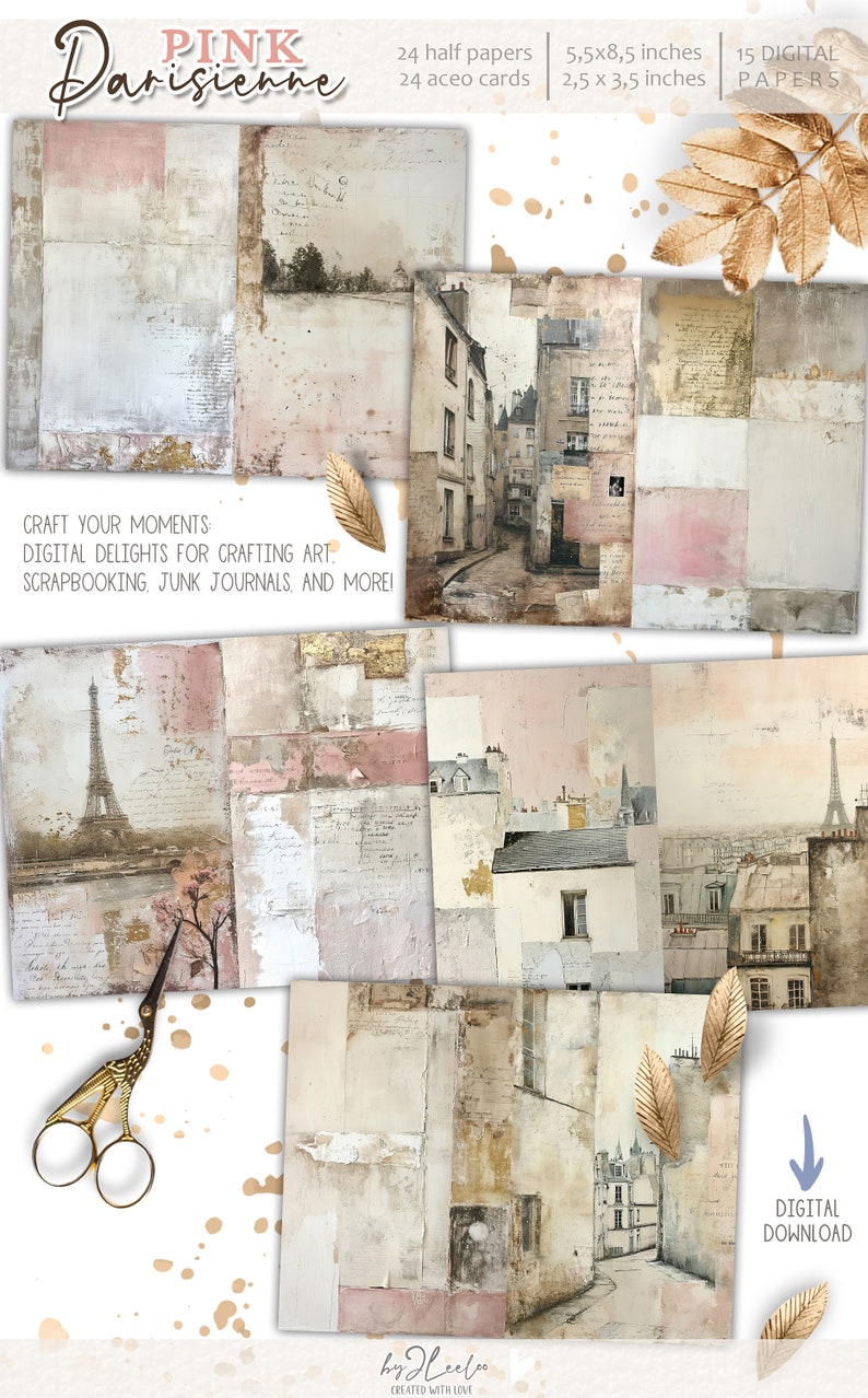 May include: A digital paper pack with 15 papers featuring a Parisian theme. The papers have a vintage, distressed look with images of buildings, streets, and the Eiffel Tower. The papers are perfect for scrapbooking, junk journaling, and other crafting projects.