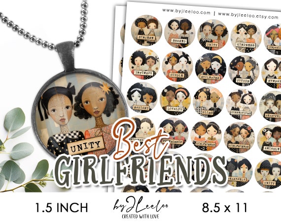 BEST GIRLFRIENDS 1.5 inch printable illustration | Gift for friend supplies round pendants sticker charm mirror magnet altered art | tn803