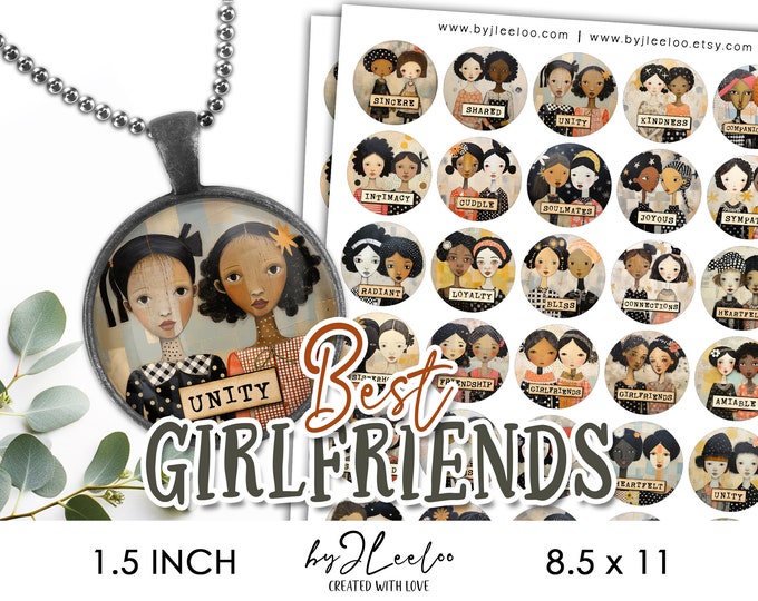 BEST GIRLFRIENDS 1.5 inch printable illustration | Gift for friend supplies round pendants sticker charm mirror magnet altered art | tn803