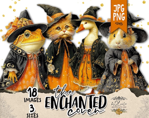 The ENCHANTED COVEN Halloween Dolls – 3 Sizes | Whimsy Witchlings, Magical Animal Witches for Junk Journal & Crafts Supplies | pp979