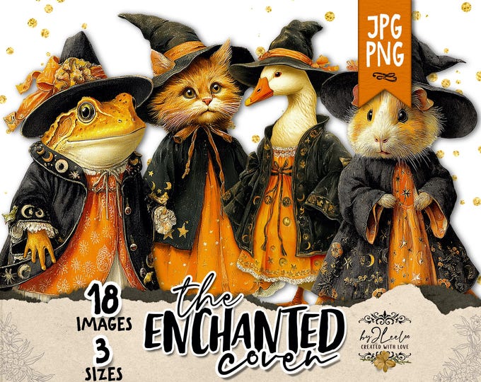The ENCHANTED COVEN Halloween Dolls – 3 Sizes | Whimsy Witchlings, Magical Animal Witches for Junk Journal & Crafts Supplies | pp979