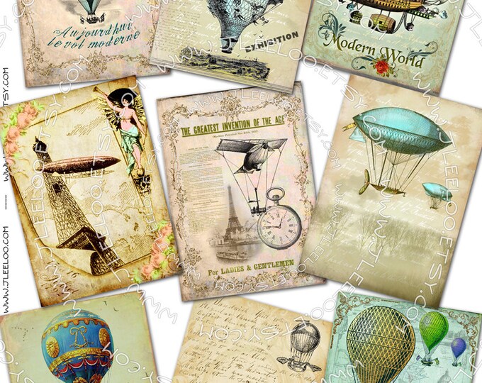 MONGOLFIER atc aceo size Digital collage sheet printable hot air balloon vintage printable greeting card jewelry holder backround ac178