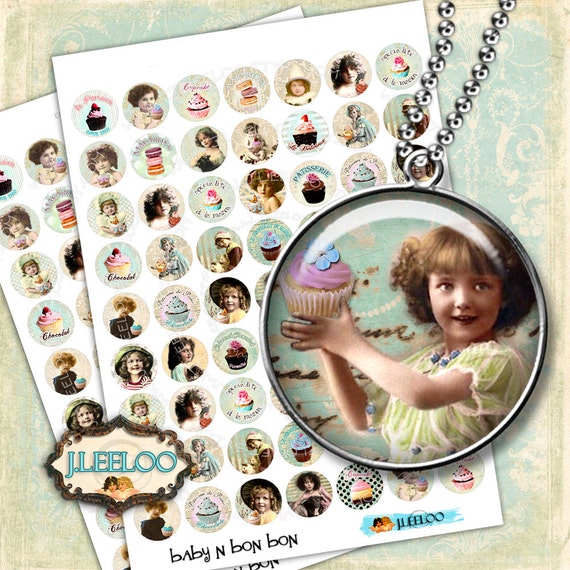 Digital collage BABY n BON BON 1 inch circle cupcake vintage children photo magnet scrap jewellery pendant instant download tn460