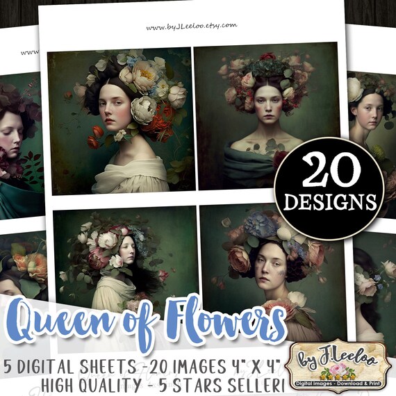QUEEN of FLOWERS 4x4 inch 20 cards for coaster hang tag magnet journal DIY scrapbooking invitation | Botanical vintage documents | qu553