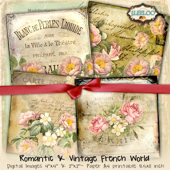 VINTAGE FRENCH digital paper 4x4 inch 2x2 inch large hang tag label scrapbooking coaster magnet instant download printable image qu484