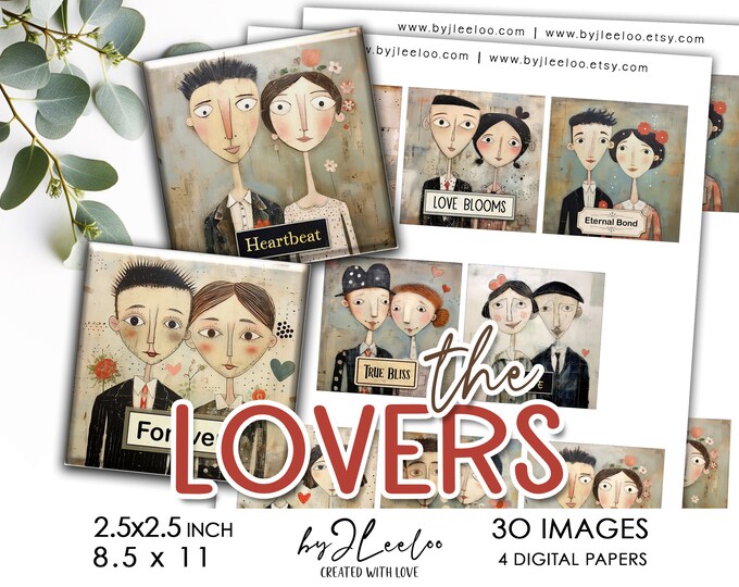 THE LOVERS 2.5x2.5 inch printable Valentine | Folk art supplies square pendant, bezel trays, glass cabochon, magnet, mirror, journal | qu595