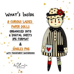 Puede incluir: Ilustraci&oacute;n caprichosa de una mu&ntilde;eca de papel con sombrero de lunares y flor roja. La mu&ntilde;eca tiene un vestido a rayas y un bolsillo en forma de coraz&oacute;n. El texto dice "WHAT'S INSIDE" y detalles sobre las mu&ntilde;ecas de papel digitales.