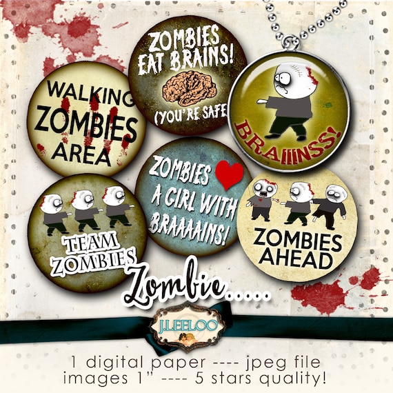 ZOMBIES Digital Download 1" size halloween printable images for glass or resin pendants magnets bottle caps bezel trays cabochon tn165