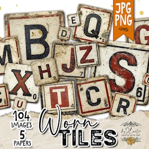 Puede incluir: Una colección de baldosas de letras de estilo vintage con letras negras y detalles en rojo. Las baldosas están dispuestas en un patrón disperso, con las palabras "Worn Tiles" y los números "104 Images" y "5 Papers" visibles.