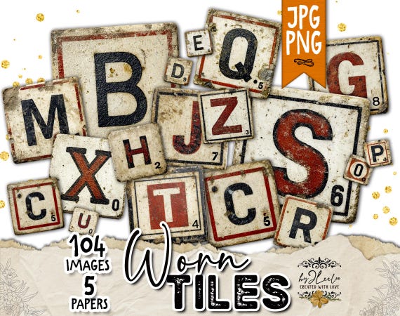 WORN TILES – Vintage Letter Tiles Alphabet, Scrabble Style Grunge Letters, Printable PNG Set for Junk Journal & Crafts | qu641