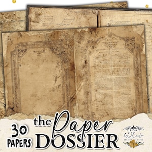 May include: A stack of vintage-style papers with aged, distressed textures and ornate borders. The papers have a sepia tone, with visible wear and tear, suggesting an antique aesthetic. The text "the Paper Dossier" and "30 Papers" are displayed on the image.