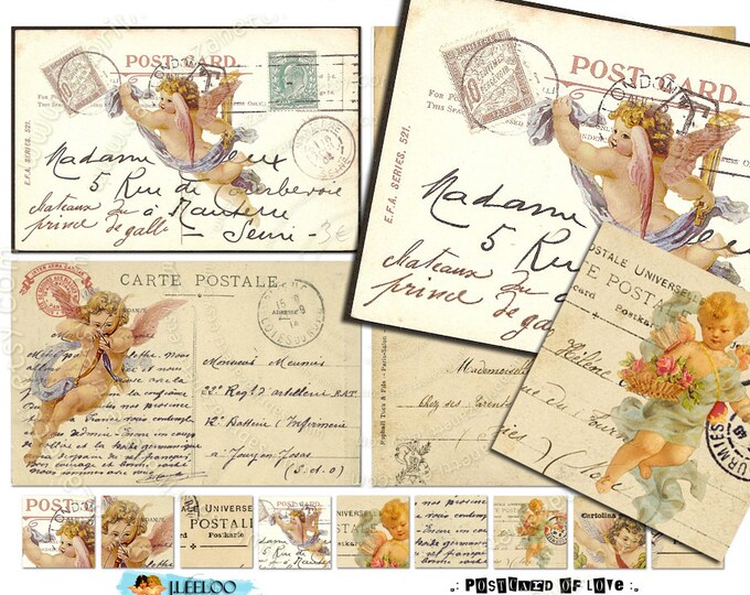 POSTCARD OF LOVE 5x3.2 inch cherubs angels old postcard size digital paper Digital collage sheet goods scrapbook instant printable pp153
