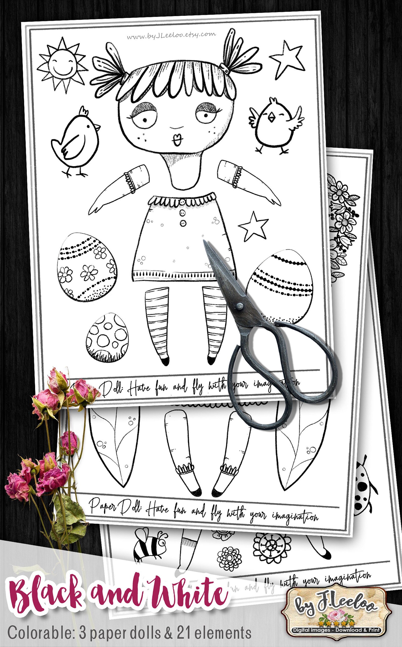 BLACK and WHITE Paper Dolls Coloring Articulated Altered Art | Etsy