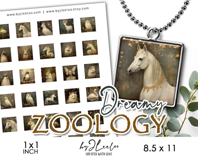 DREAMY ZOOLOGY 1 inch printable | Fantastic creatures supplies square pendant, bezel trays, glass cabochon mountings, cameo settings | qu568