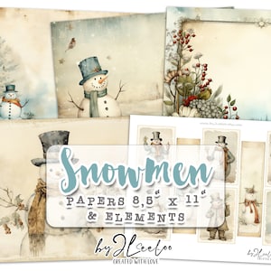 Strony dziennika śmieci SNOWMEN | Ilustracja świątecznych pamiątek | Elementy do druku do pamiętnika, scrapbookingu, materiałów | Vintage zima | pp647