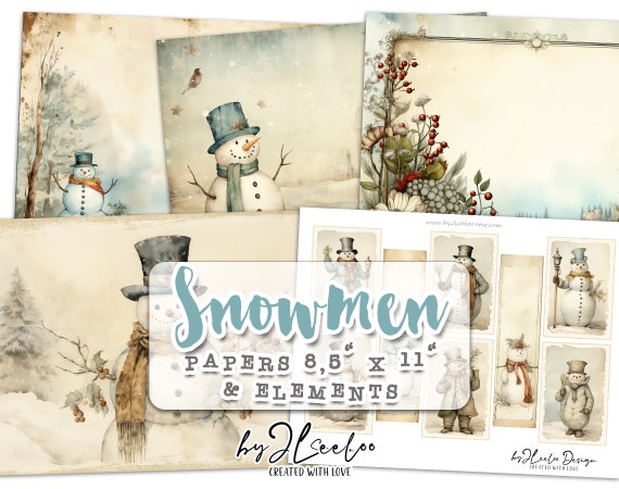 SNOWMEN junk journal pages | Christmas ephemera illustration | Printable elements for diary, scrapbooking, supplies | Vintage winter | pp647
