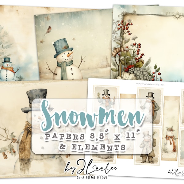 SNOWMEN junk journal pages | Christmas ephemera illustration | Printable elements for diary, scrapbooking, supplies | Vintage winter | pp647