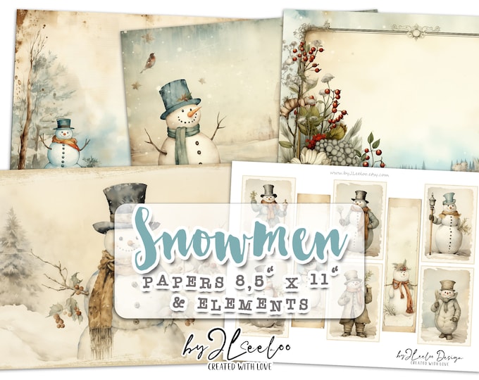SNOWMEN junk journal pages | Christmas ephemera illustration | Printable elements for diary, scrapbooking, supplies | Vintage winter | pp647